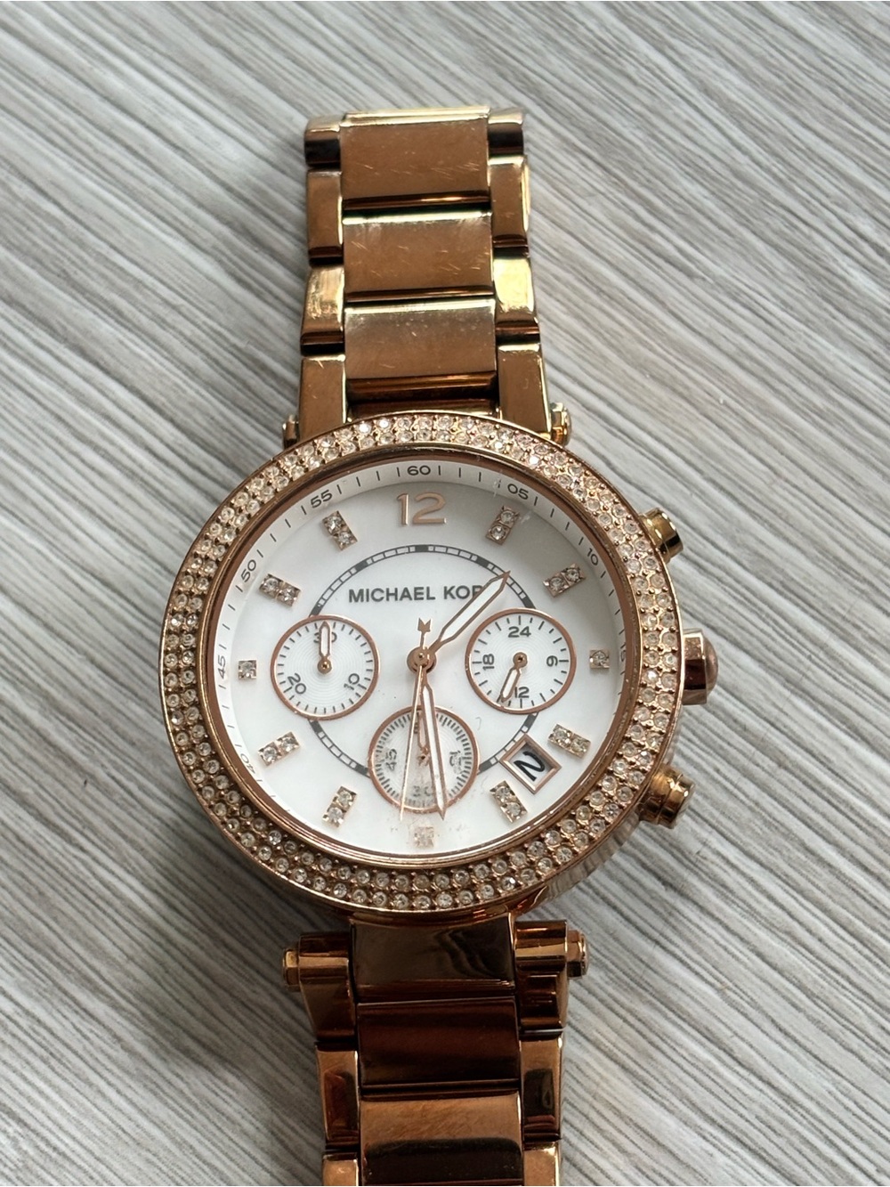 Michael Kors Rose Gold Crystal Bezel Women's Chronograph Watch (needs a battery)